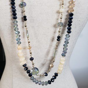 Double Stranded Blue, Clear & Cream Crystal Necklace 40"